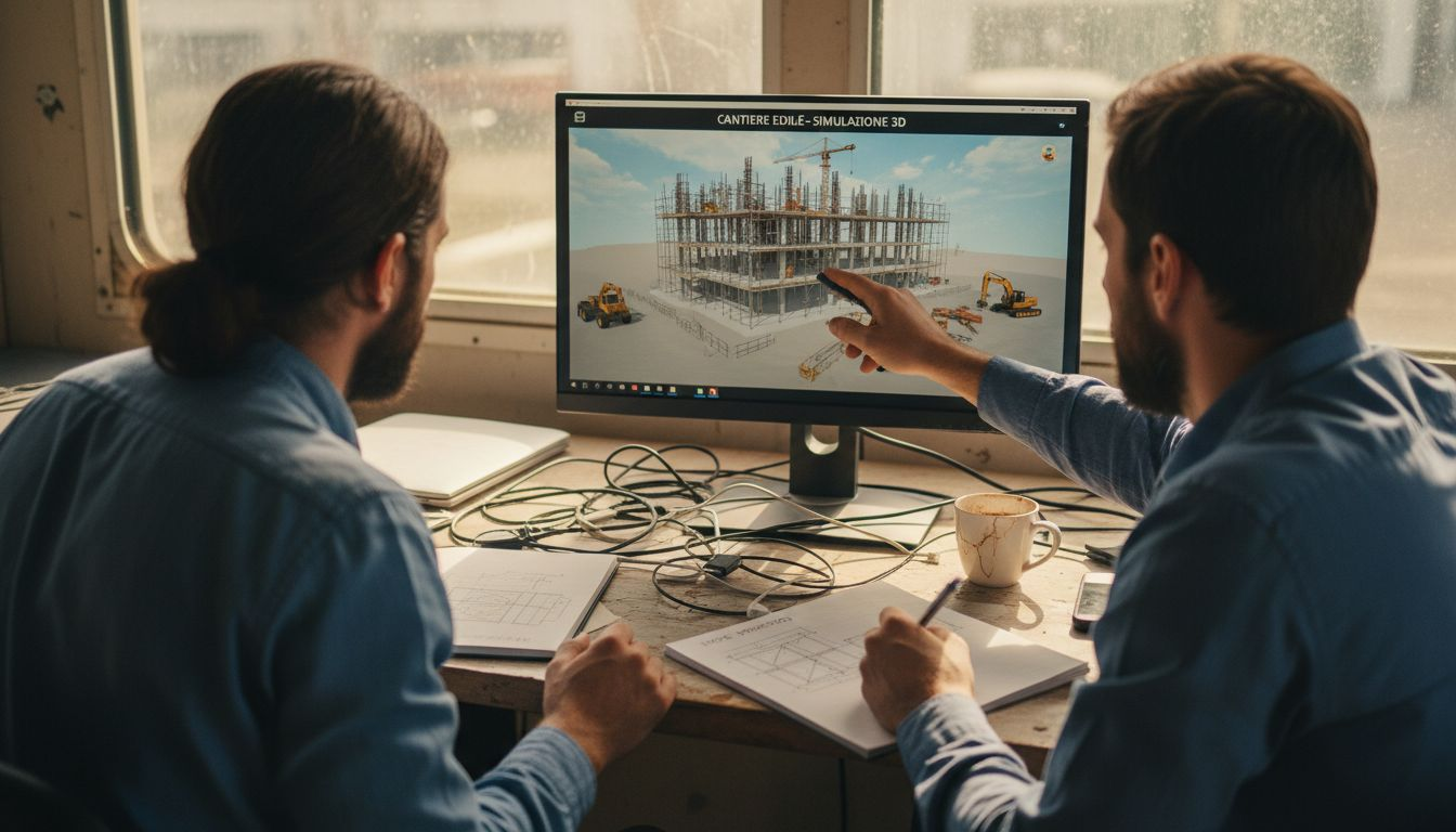 Gli ingegneri analizzano la simulazione digitale del gemello virtuale dell’edificio.