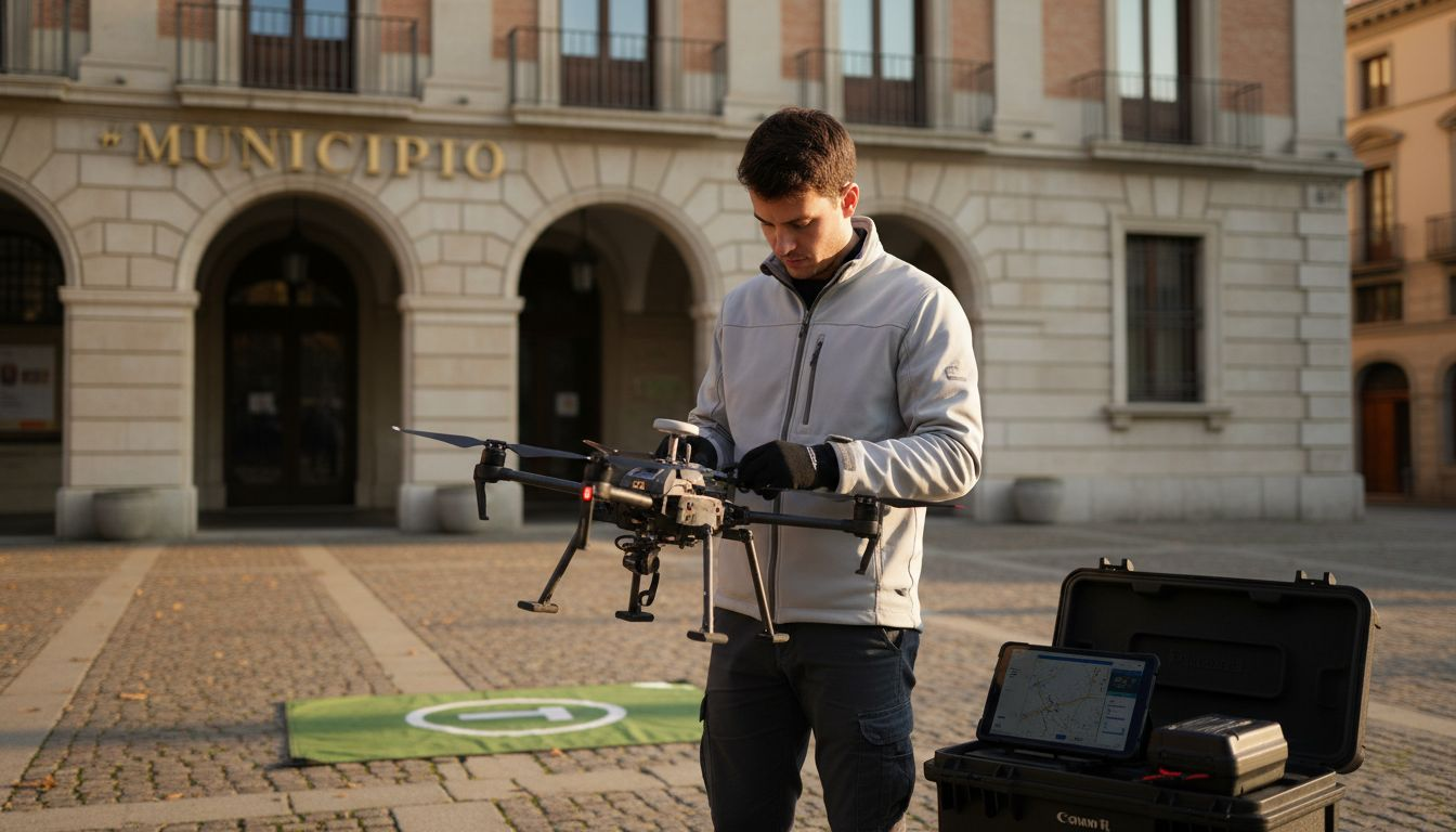 Un tecnico si sta occupando della preparazione di un drone proprio davanti al municipio.