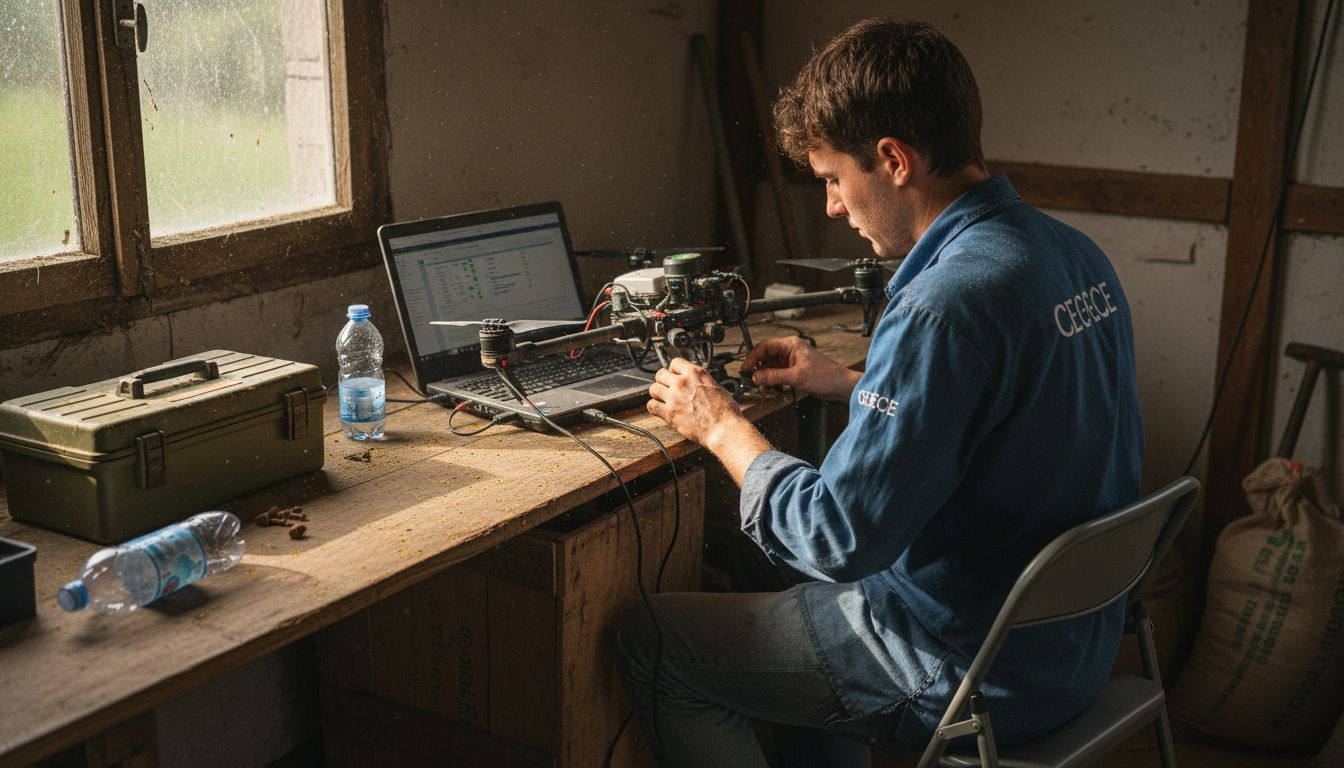 Un agricoltore sta preparando e regolando un drone multispettrale sul banco di lavoro, pronto per le prossime attività nei campi.