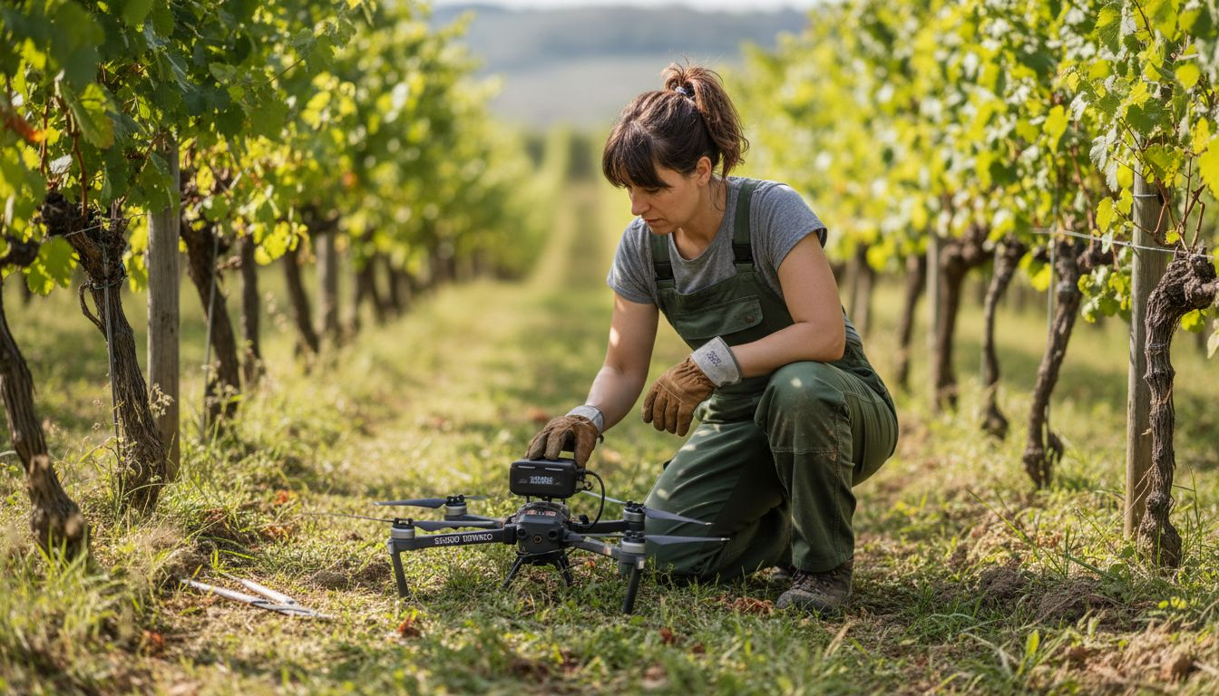 Un tecnico controlla il funzionamento di un drone tra i filari di una vigna.
