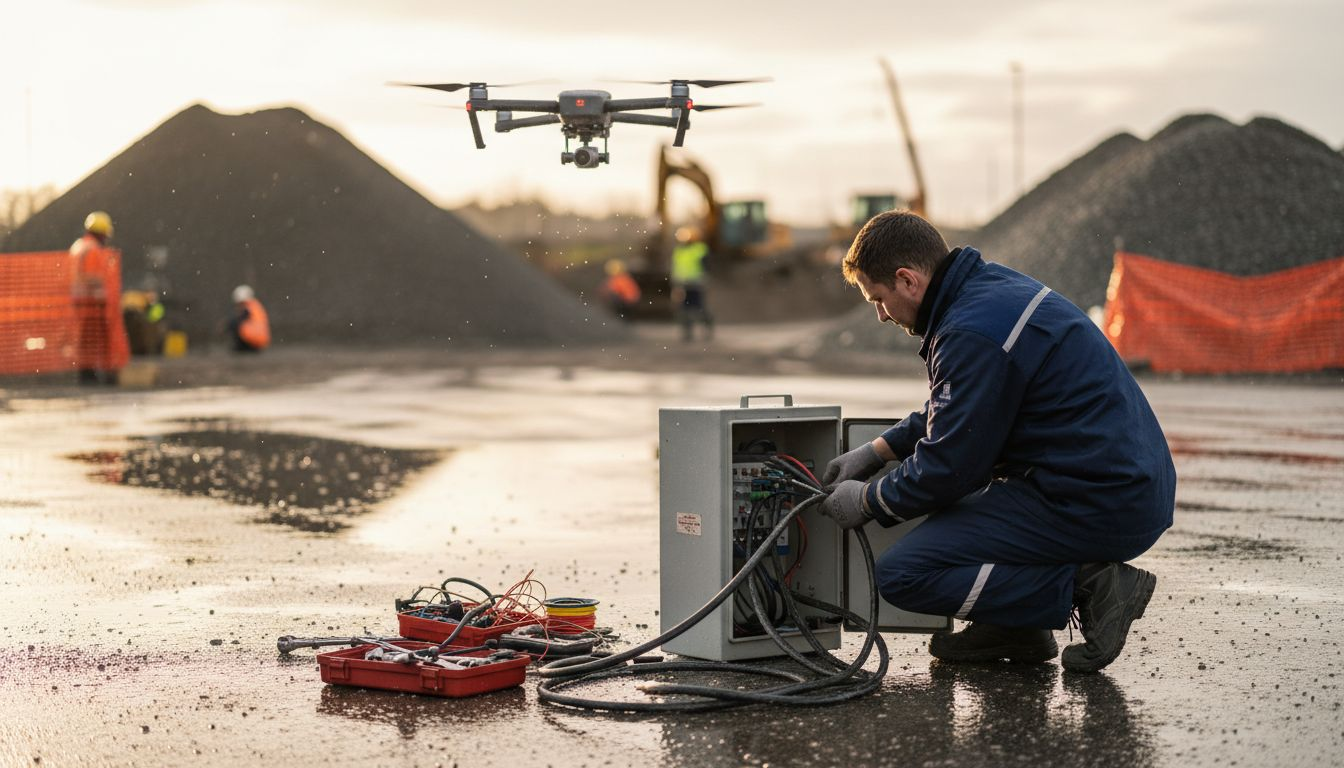 Un tecnico sta installando dei sensori accanto a un drone sul cantiere.