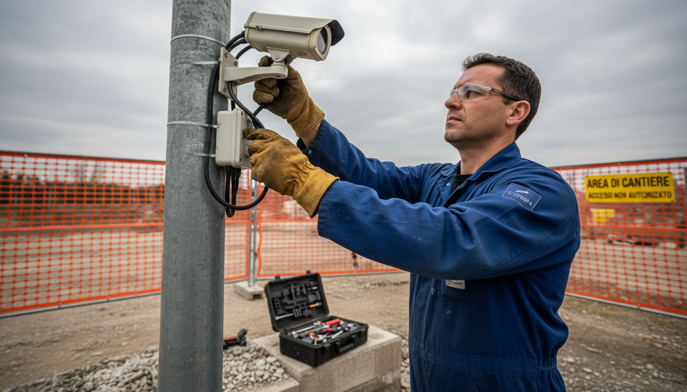 Un tecnico sta montando una telecamera su un palo all’interno di un cantiere.