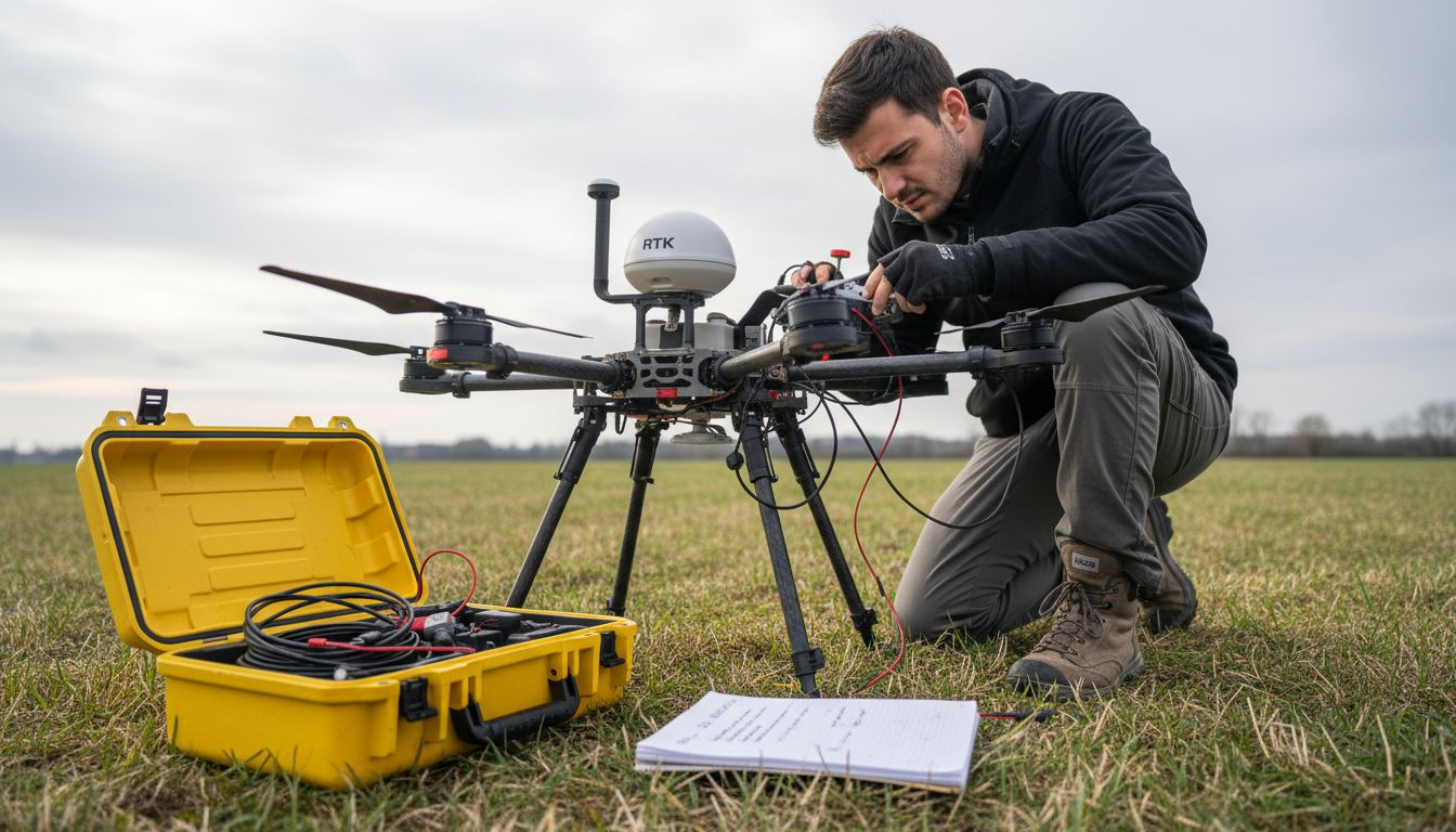 Tecnico all’opera nel campo mentre regola i sensori RTK di un drone