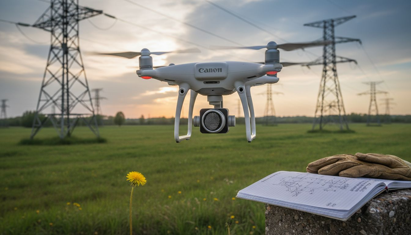 Primo piano di un drone dotato di termocamera mentre esegue un controllo sui tralicci elettrici.