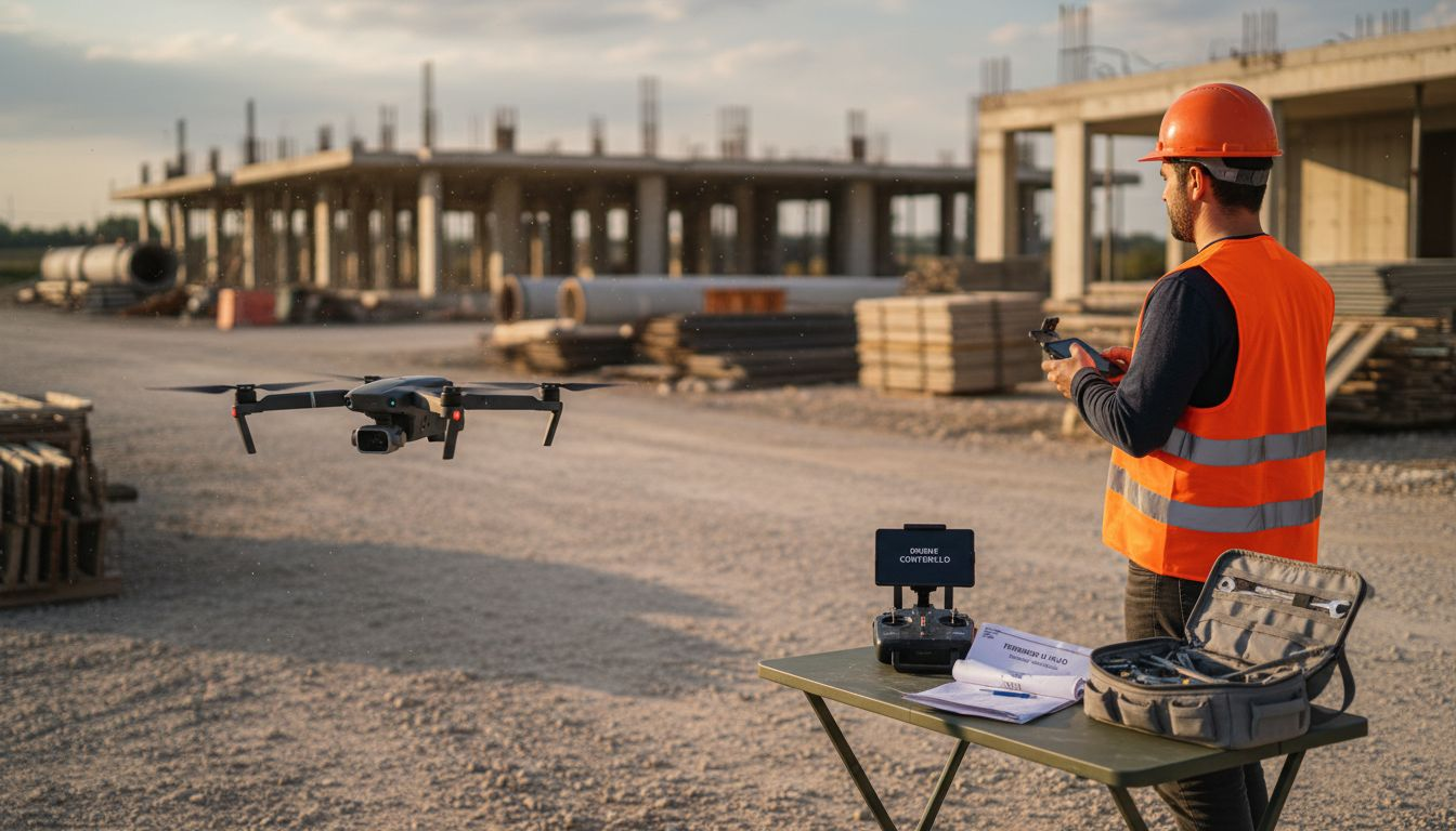 Tecnico che utilizza un drone per il sopralluogo del cantiere
