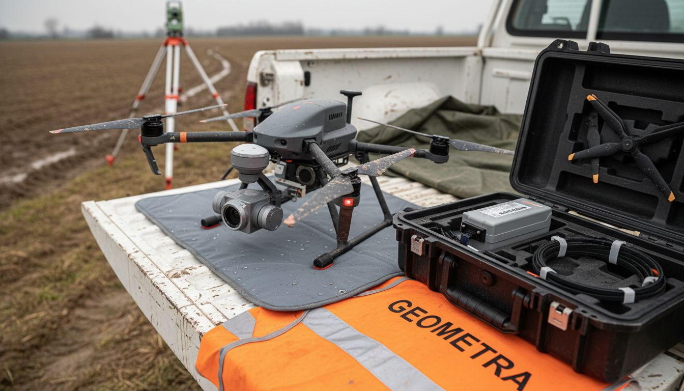 Particolare di un drone equipaggiato con sensori e strumenti per rilievi