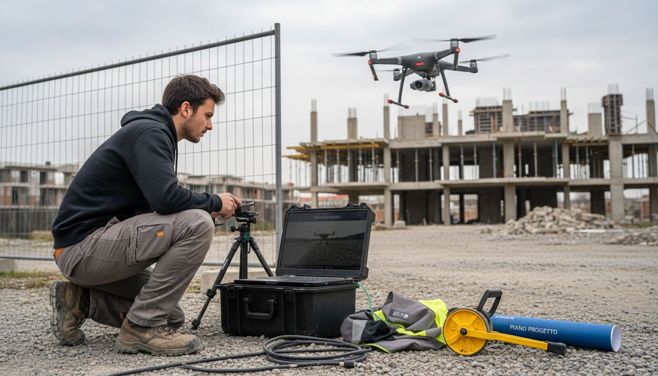 Un tecnico di droni controlla i dati sul laptop all'interno di un cantiere edile.