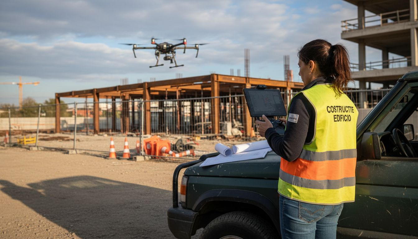 Tecnico specializzato che monitora l’avanzamento dei lavori in cantiere tramite l’utilizzo di droni