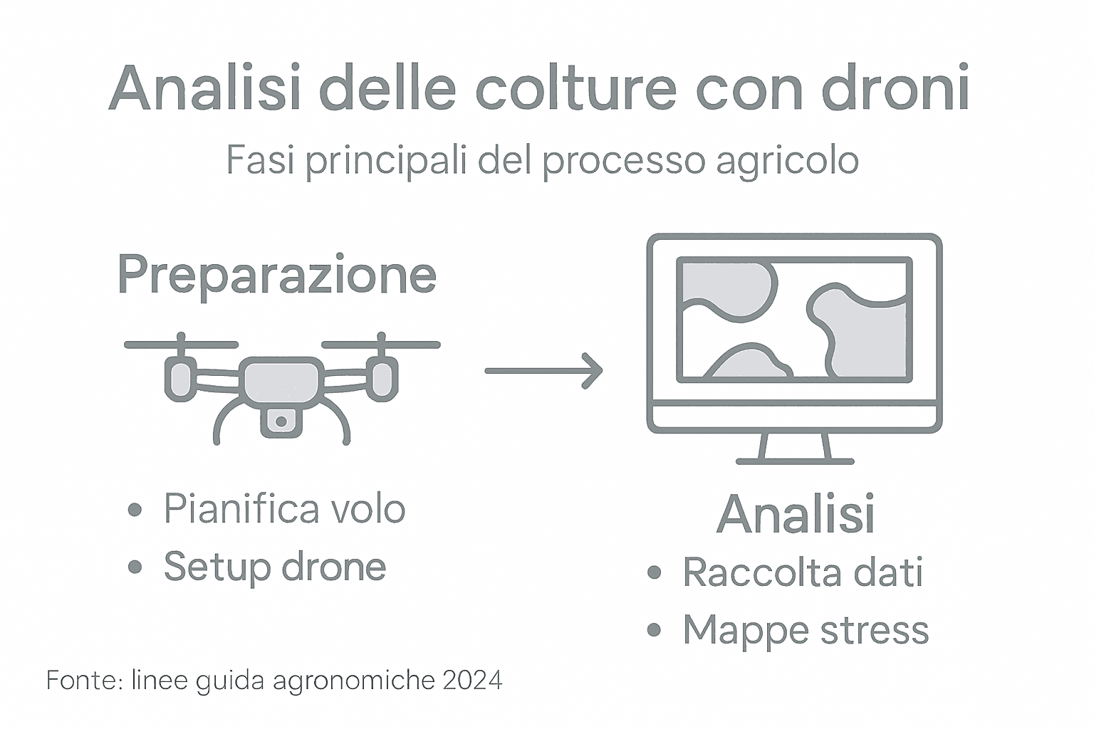 Infografica sul monitoraggio delle colture agricole tramite l’utilizzo dei droni: tutte le fasi dell’analisi spiegate passo dopo passo.