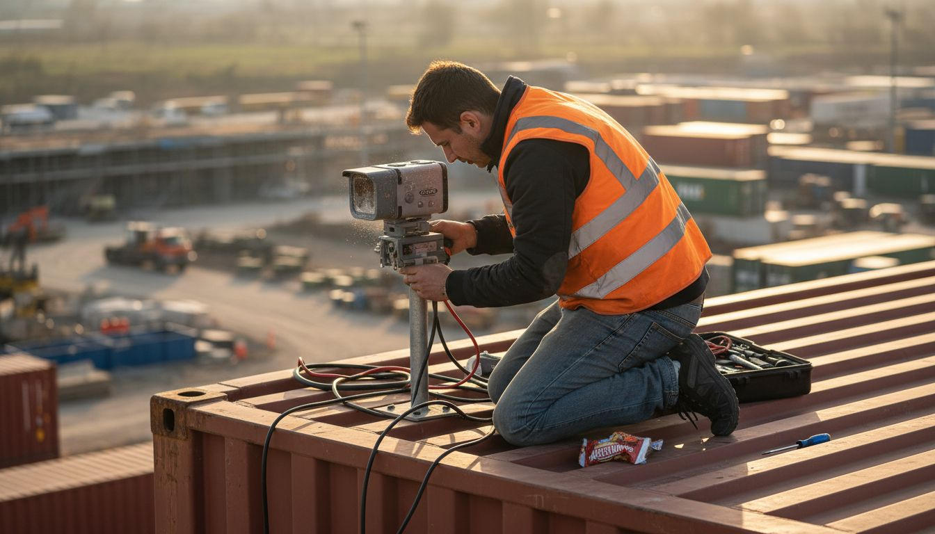 Tecnico al lavoro per installare una fotocamera time-lapse in cantiere