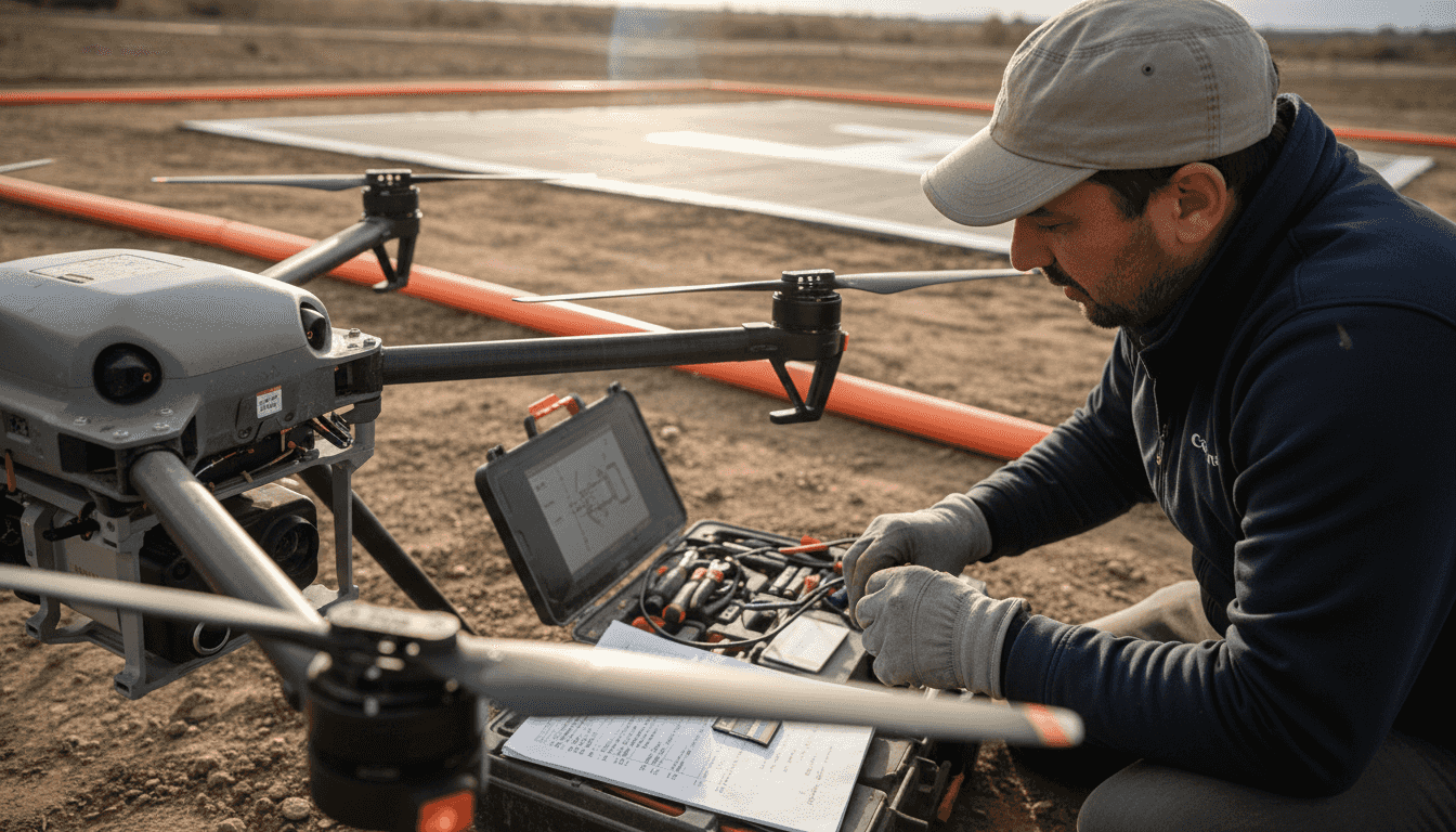 Un tecnico sta installando un sensore su un drone utilizzato in cantiere.