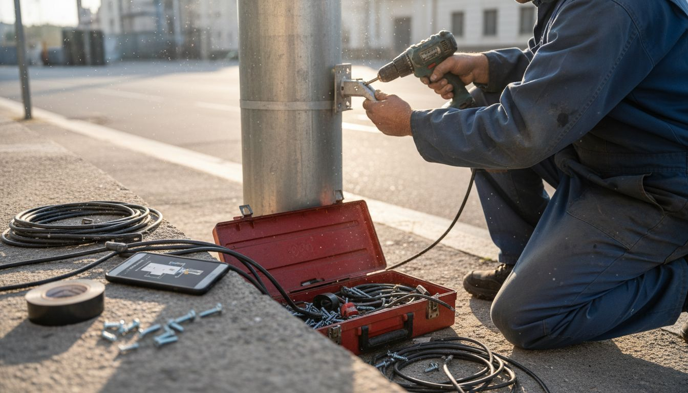 Un tecnico sta installando una telecamera di sorveglianza sul posto.