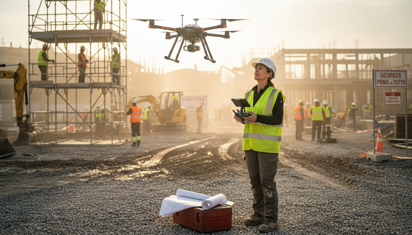 Il responsabile del cantiere utilizza un drone per rilevare e mappare l’area di lavoro.