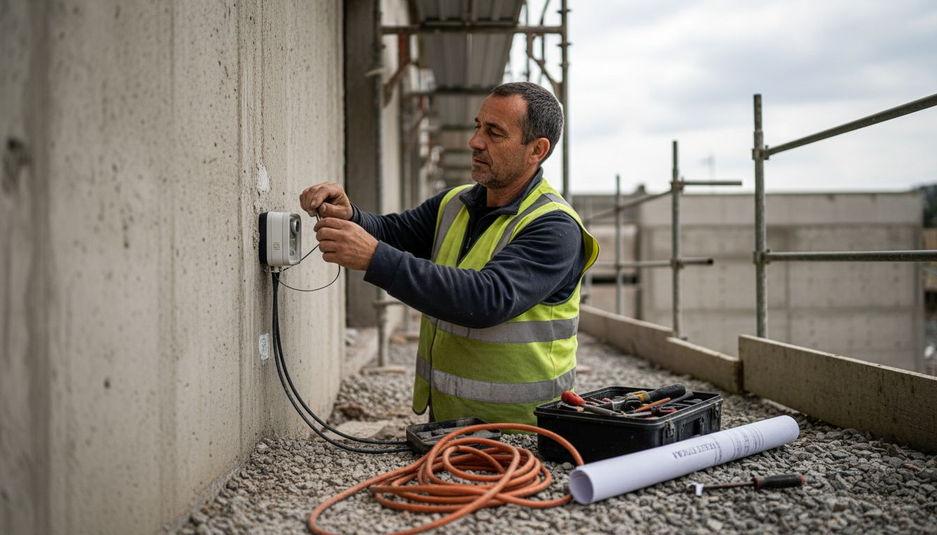 Tecnico al lavoro per l’installazione di un sistema di videosorveglianza in cantiere