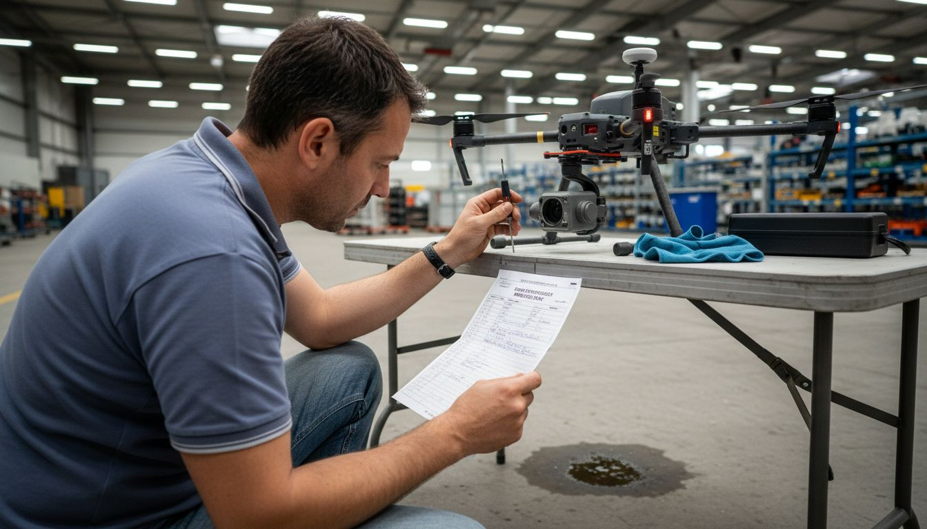 Un tecnico sta regolando la telecamera termica di un drone, assicurandosi che sia perfettamente tarata per le prossime operazioni.