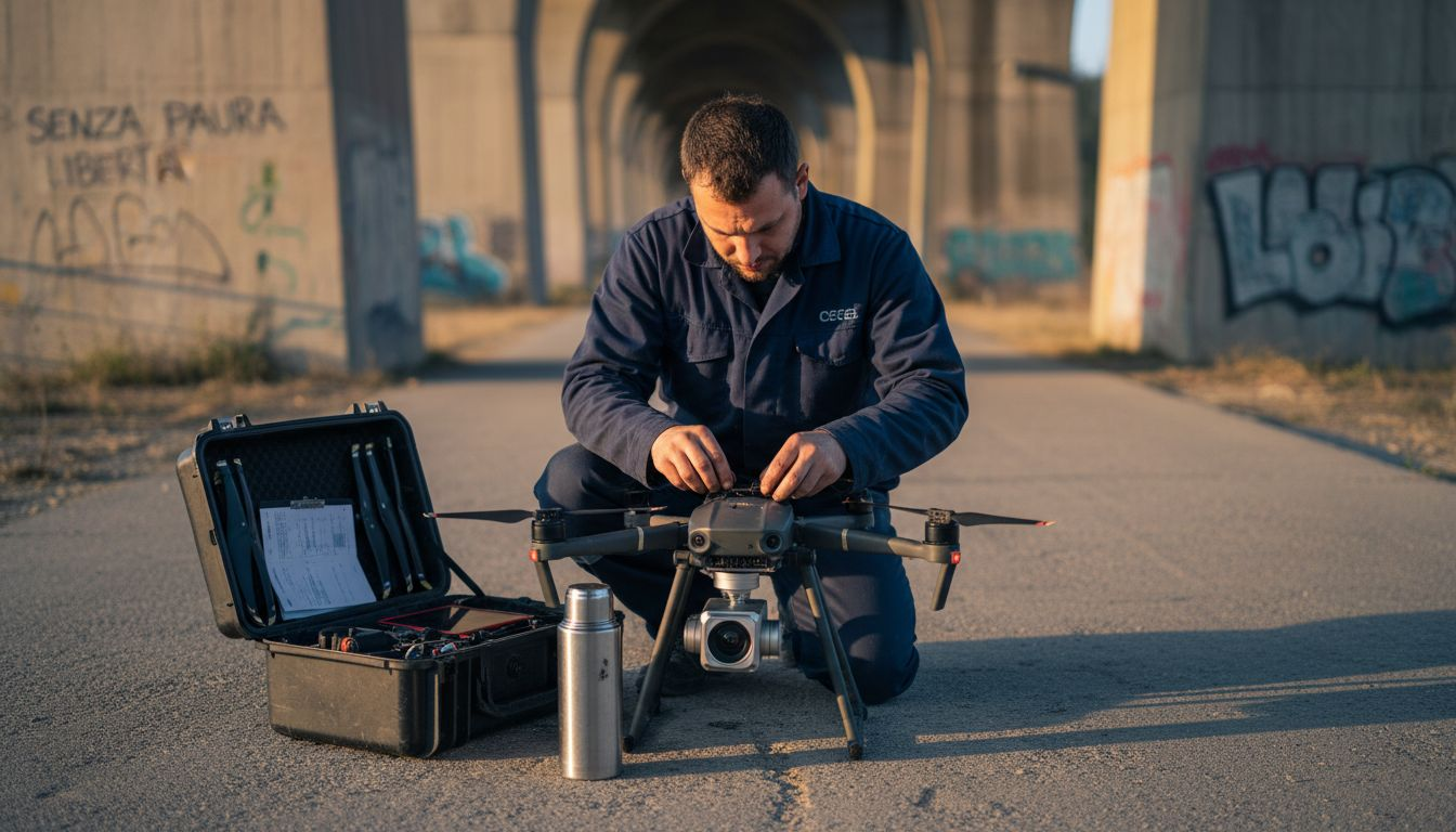 Un tecnico si sta occupando della preparazione di un drone dotato di sensore termico.