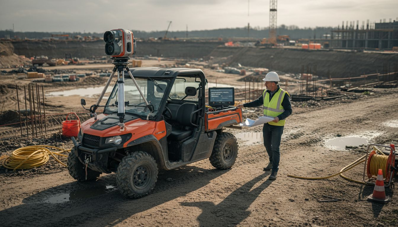 Operaio al lavoro in cantiere mentre utilizza uno scanner portatile