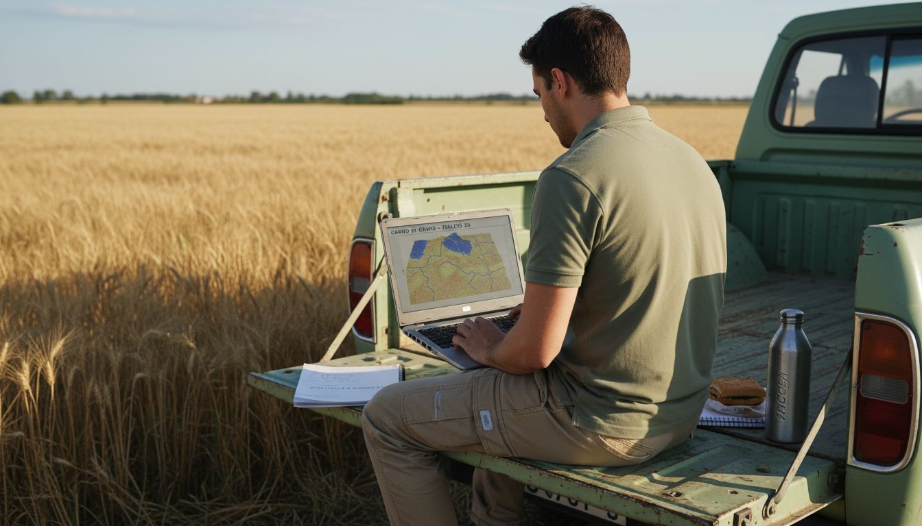 Agronomo che analizza all’aperto un modello tridimensionale delle colture