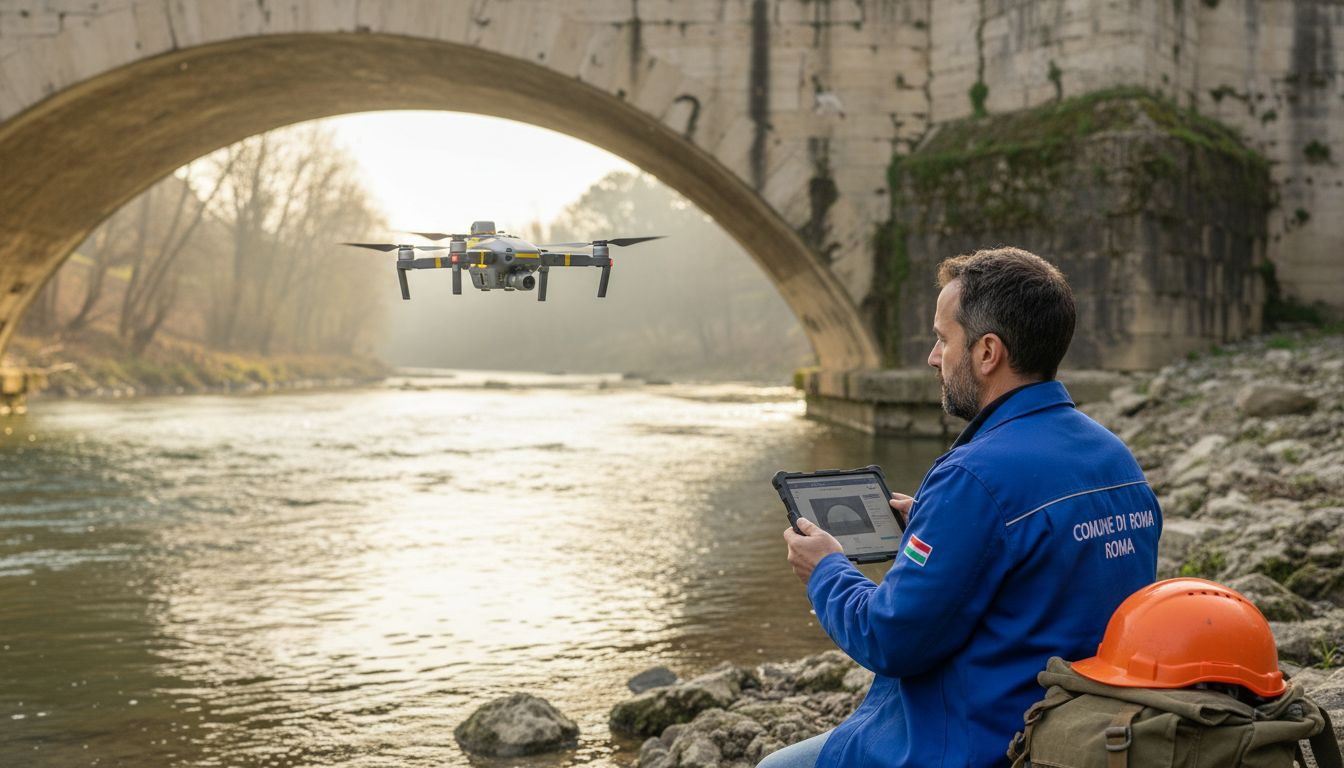 Un drone sta effettuando un controllo sul ponte mentre un tecnico osserva da vicino.