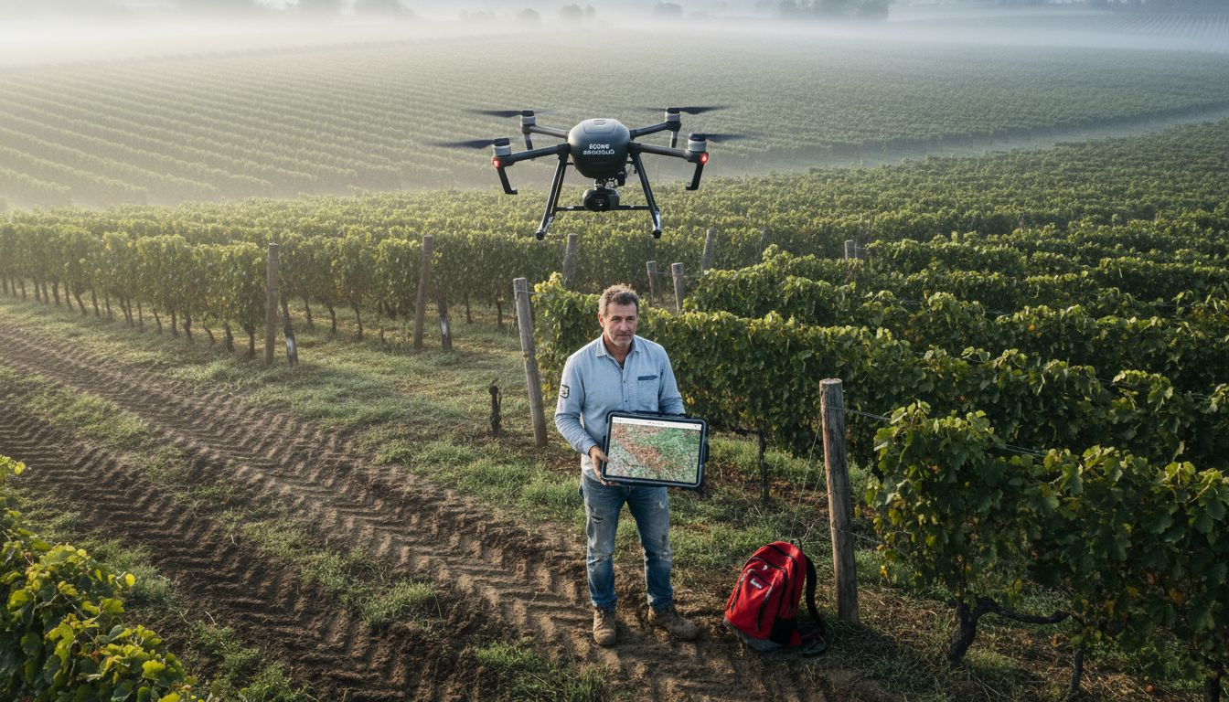 L’agronomo analizza le riprese effettuate dal drone tra i filari del vigneto.