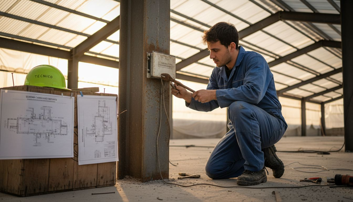 Un tecnico installa un sensore IoT in un cantiere edile.