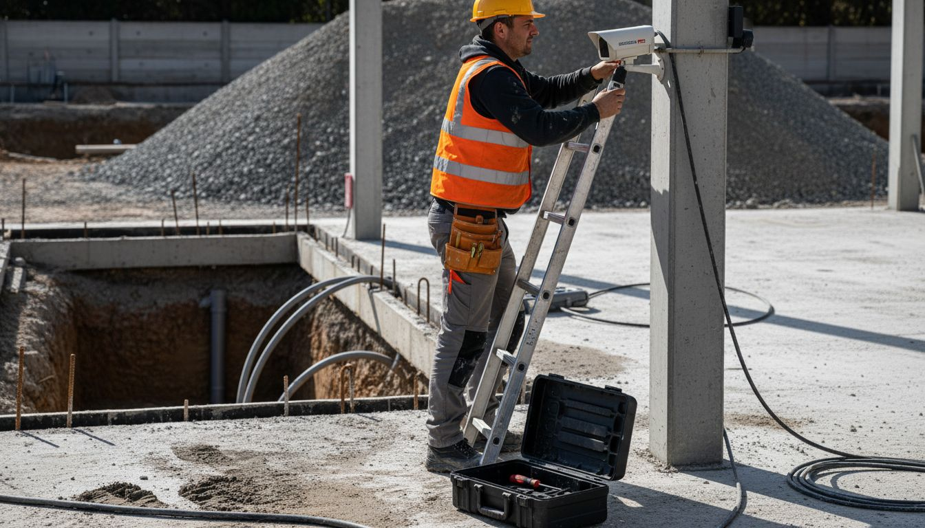 Gli operai stanno installando una telecamera per monitorare il cantiere.