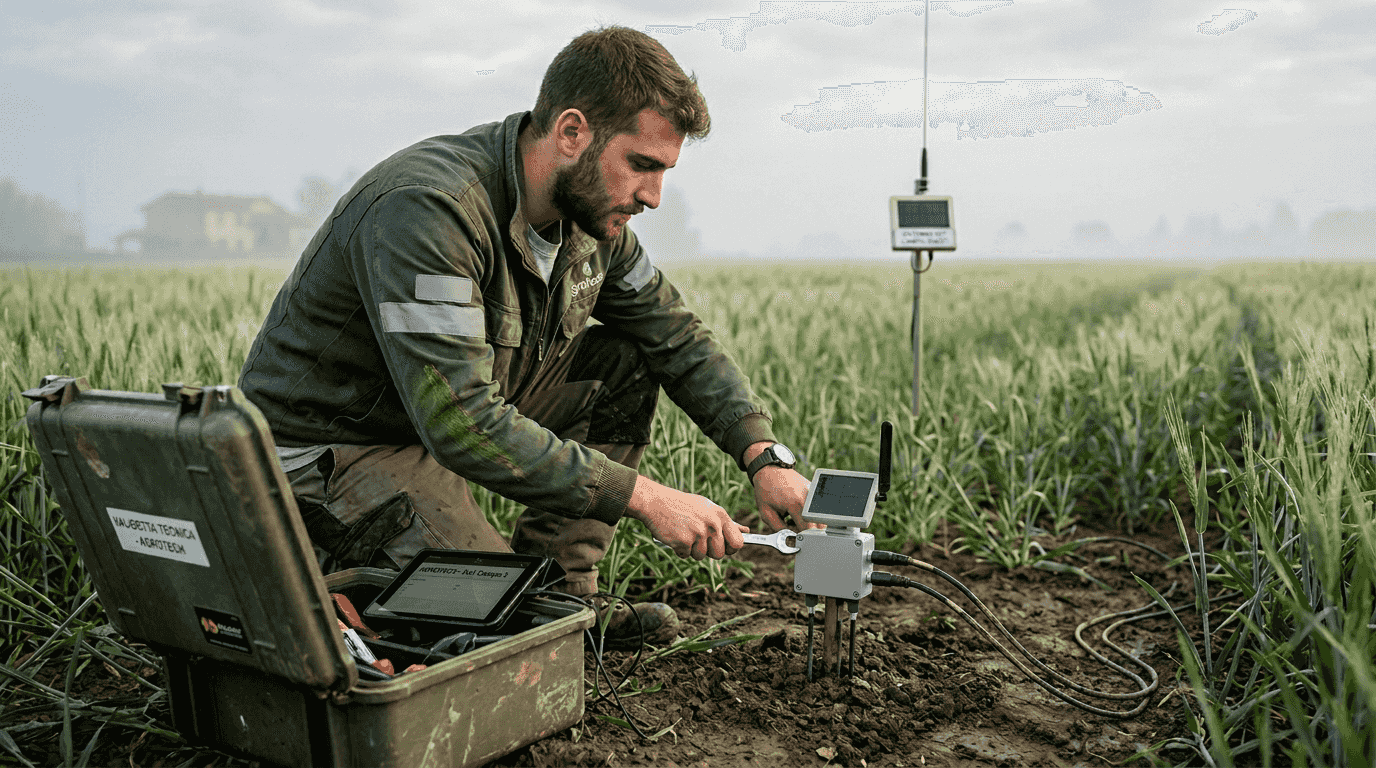 Tecnico al lavoro in un campo di grano mentre regola un sensore IoT