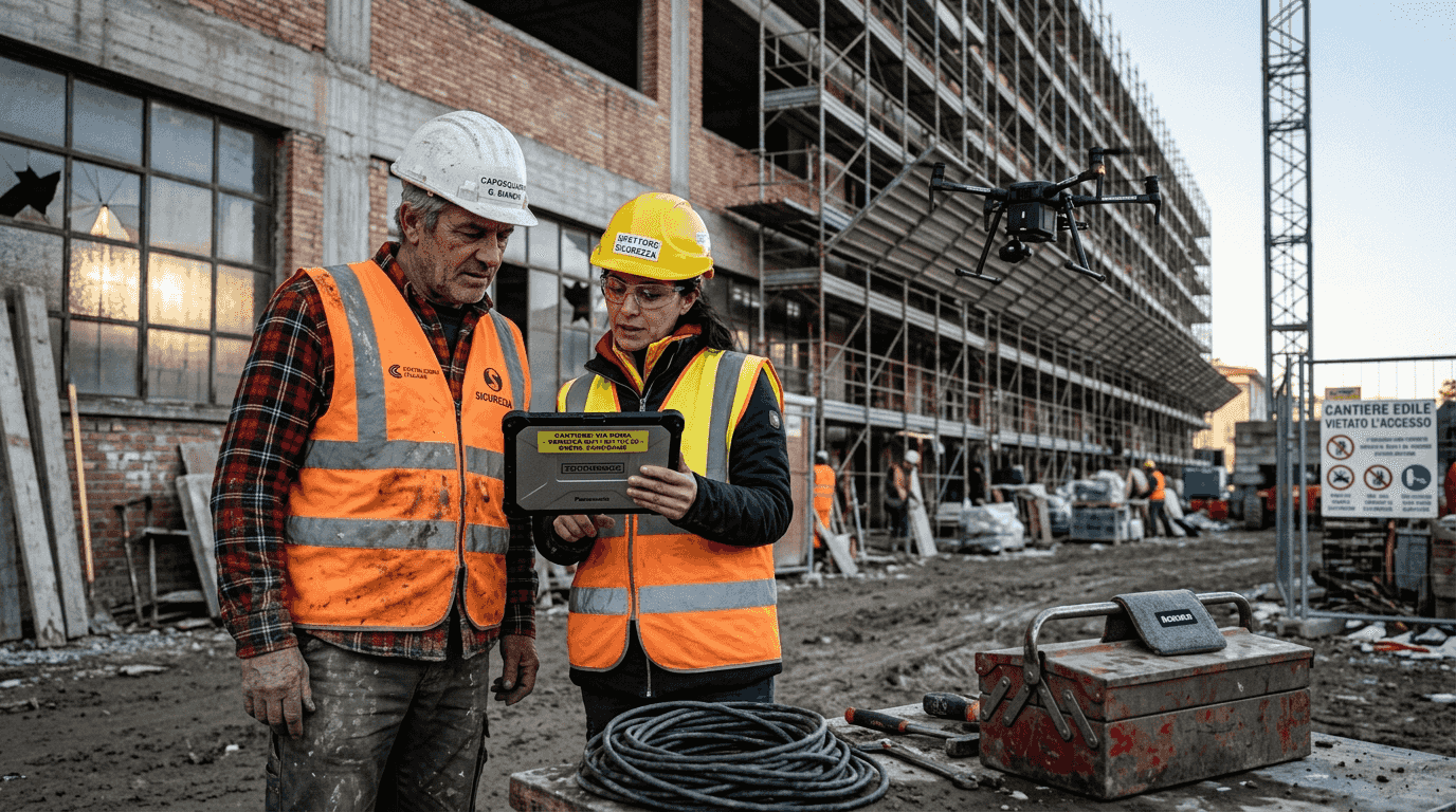Il capocantiere e il responsabile dei controlli esaminano insieme i rilievi effettuati dal drone direttamente in cantiere.