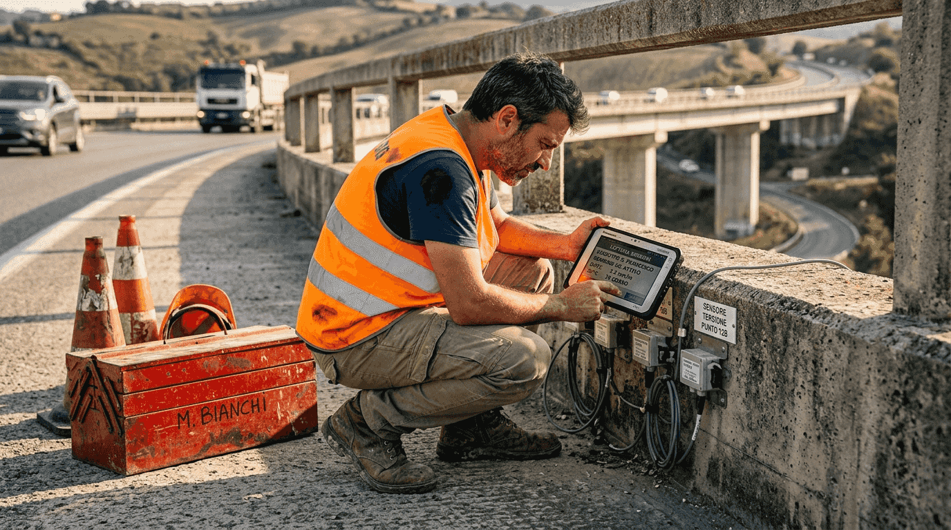 Un tecnico esegue il controllo dei sensori per la manutenzione del ponte.