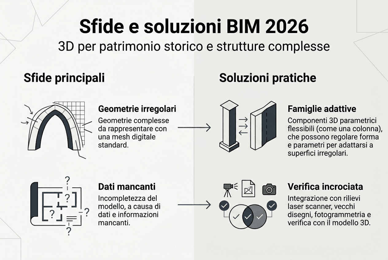 Infografica: le principali sfide e le possibili soluzioni del BIM applicato al recupero degli edifici storici
