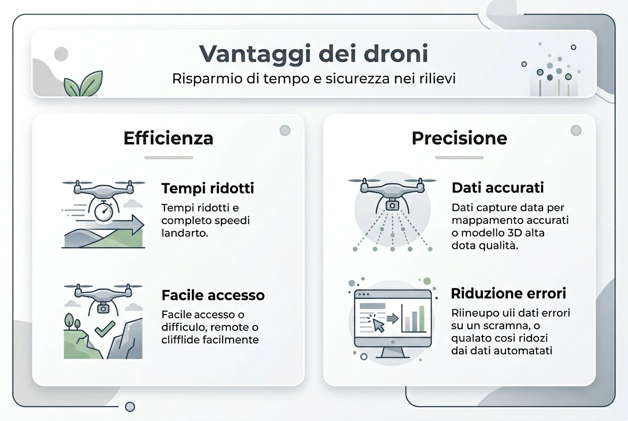 Infografica: perché scegliere i droni per i rilievi? Tutti i vantaggi e le opportunità offerte dalla tecnologia UAV nel settore delle misurazioni e mappature.