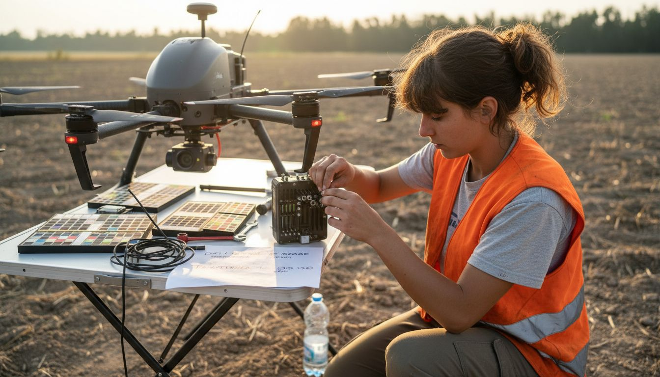 Tecnico impegnato nella taratura dei sensori di un drone all’aperto