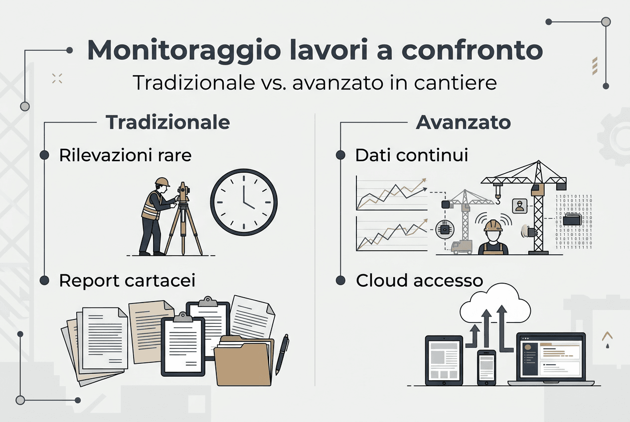 Infografica: confronto tra il monitoraggio tradizionale e quello avanzato in cantiere