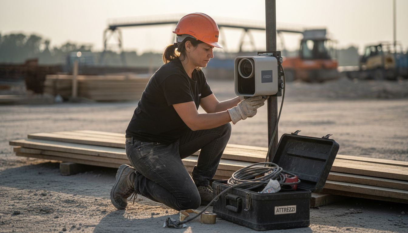 Un'operaia posiziona una fotocamera per il timelapse all'interno del cantiere