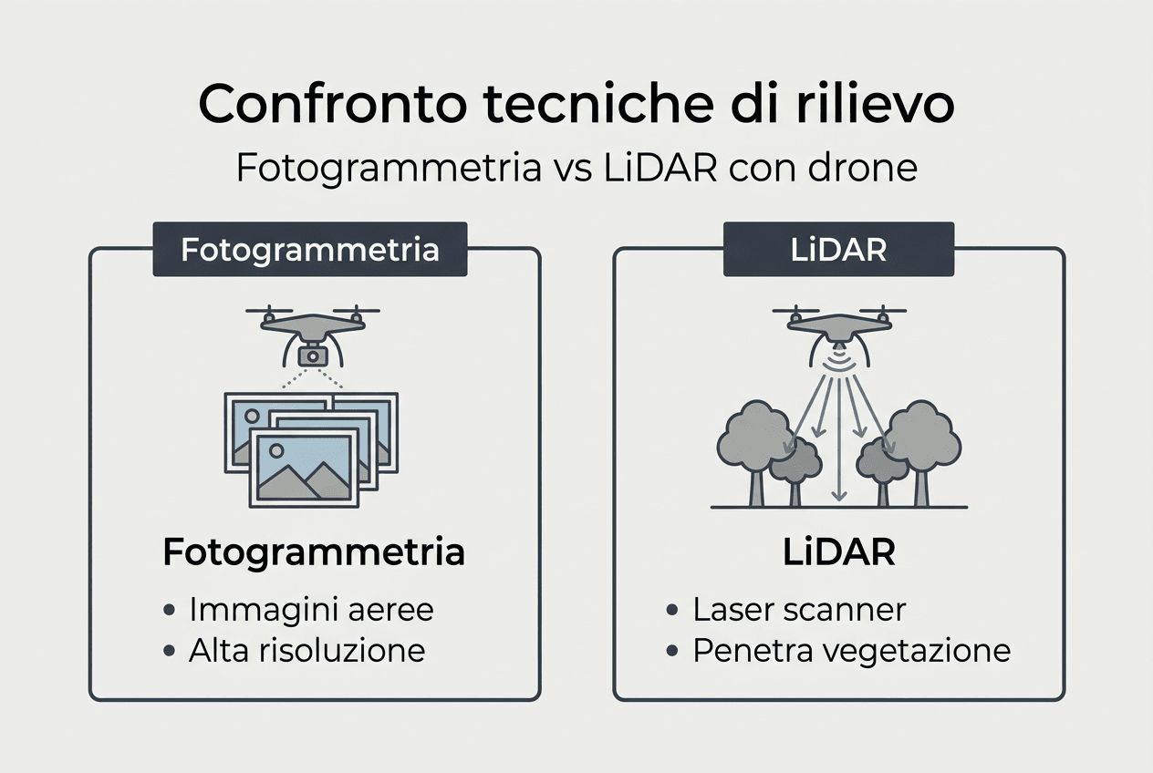 Infografica: confronto tra fotogrammetria e LiDAR applicati ai droni