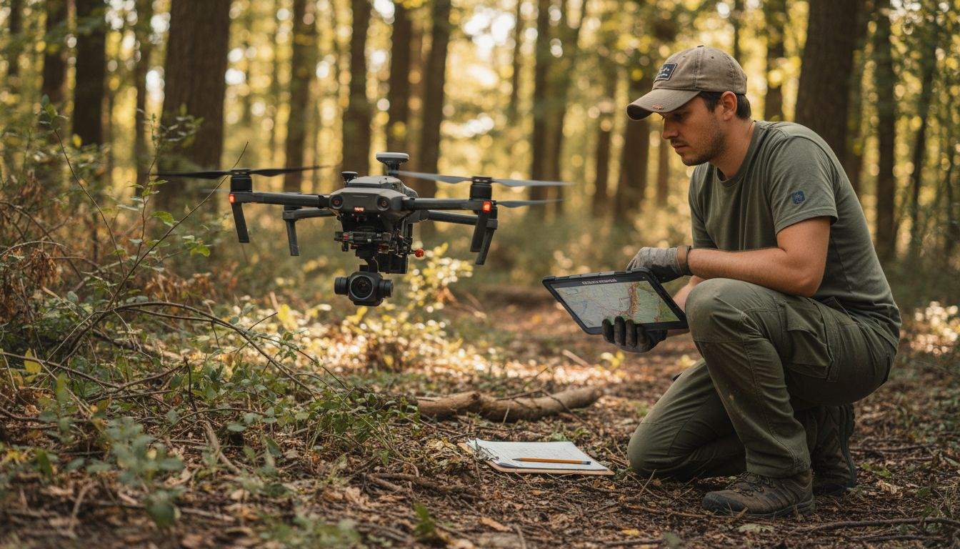 Un operatore controlla il monitor mentre un drone effettua una scansione LiDAR della foresta.