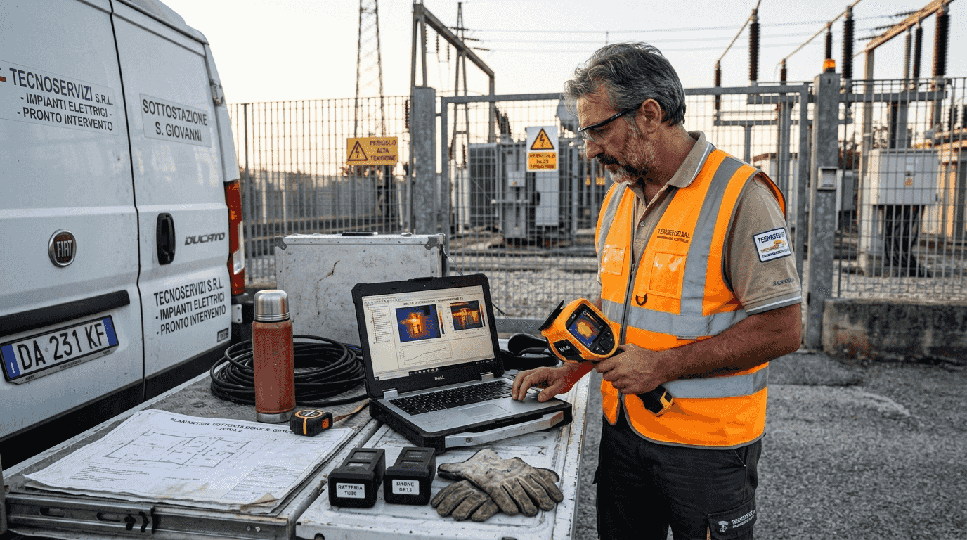 Un tecnico sta verificando i dati dell’ispezione presso la stazione dei furgoni.
