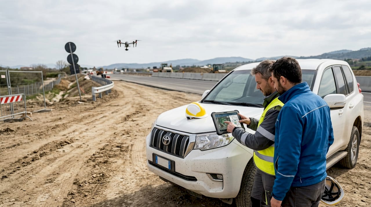 In cantiere, i tecnici esaminano i dati raccolti dai droni per monitorare lo stato dei lavori.