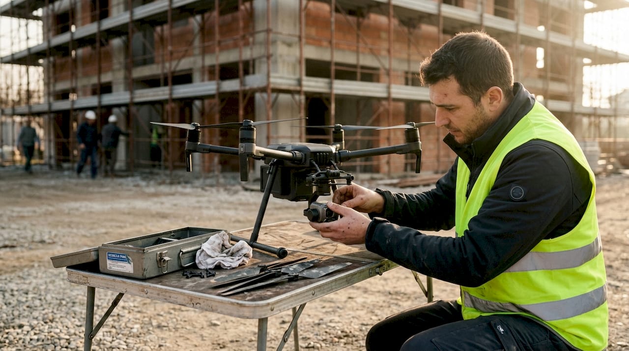 Tecnico al lavoro mentre monta un sensore su un drone utilizzato in cantiere