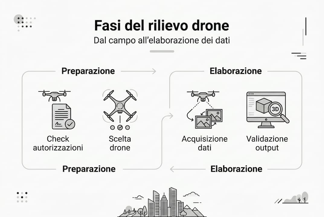 Infografica che illustra le principali fasi di un rilievo con drone