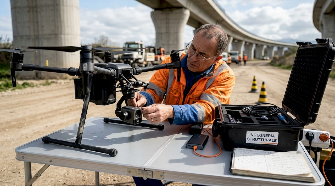 Un ingegnere alle prese con la taratura di un drone dotato di sensore LiDAR