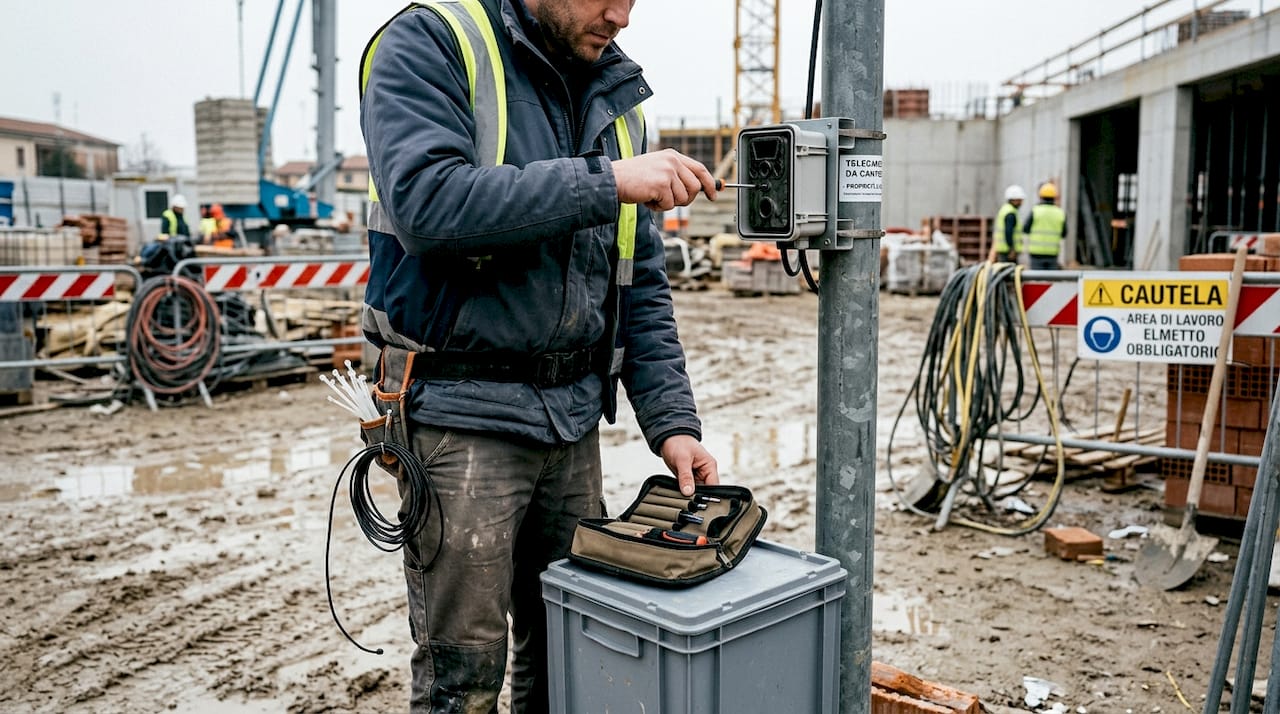 Un tecnico sta impostando la videocamera per il timelapse del cantiere.