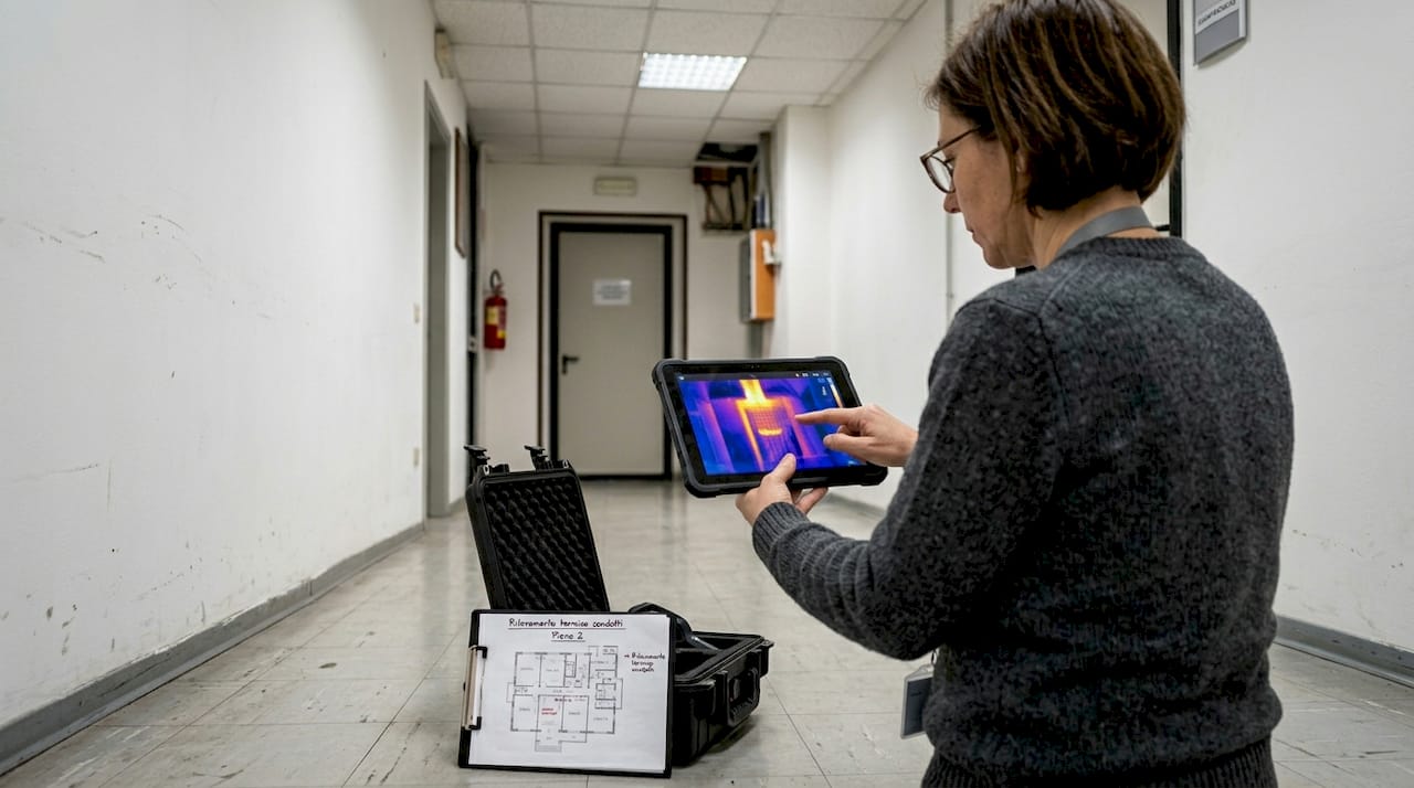 Tecnico che esamina le immagini termiche degli ambienti interni di un edificio
