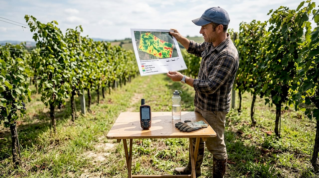 Un addetto confronta la mappa NDVI con le file di vigneto per valutare lo stato di salute delle piante.