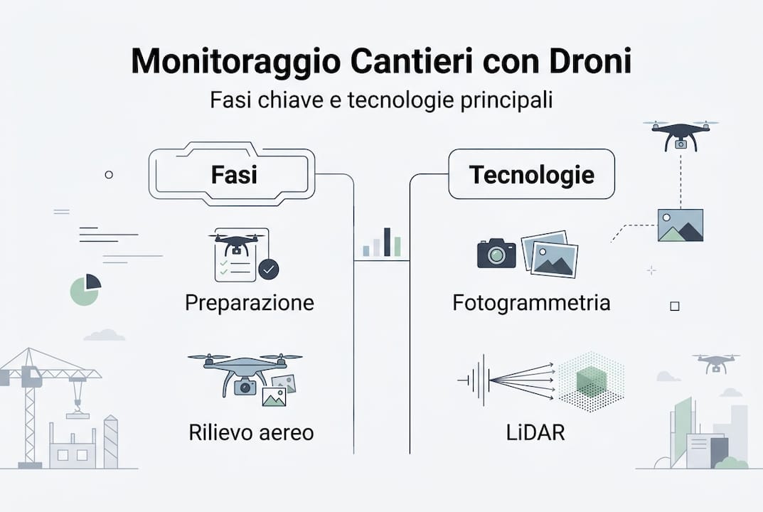 Infografica dedicata alle principali fasi e alle tecnologie più avanzate per il monitoraggio tramite droni