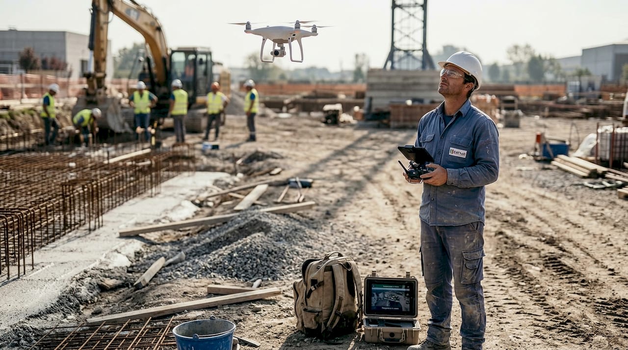 Un tecnico controlla un drone mentre sorvola un cantiere edile.
