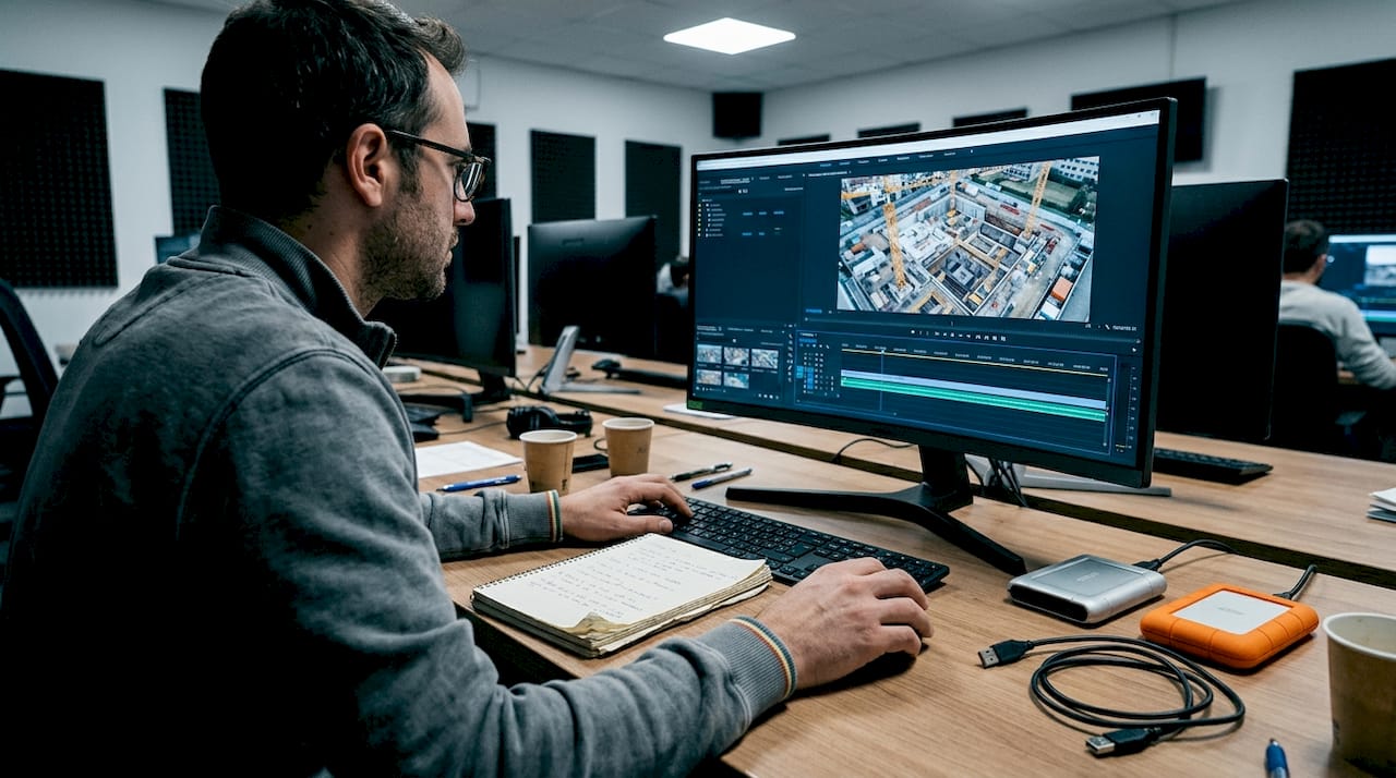 Un tecnico monta e rifinisce riprese aeree nello studio di post-produzione.
