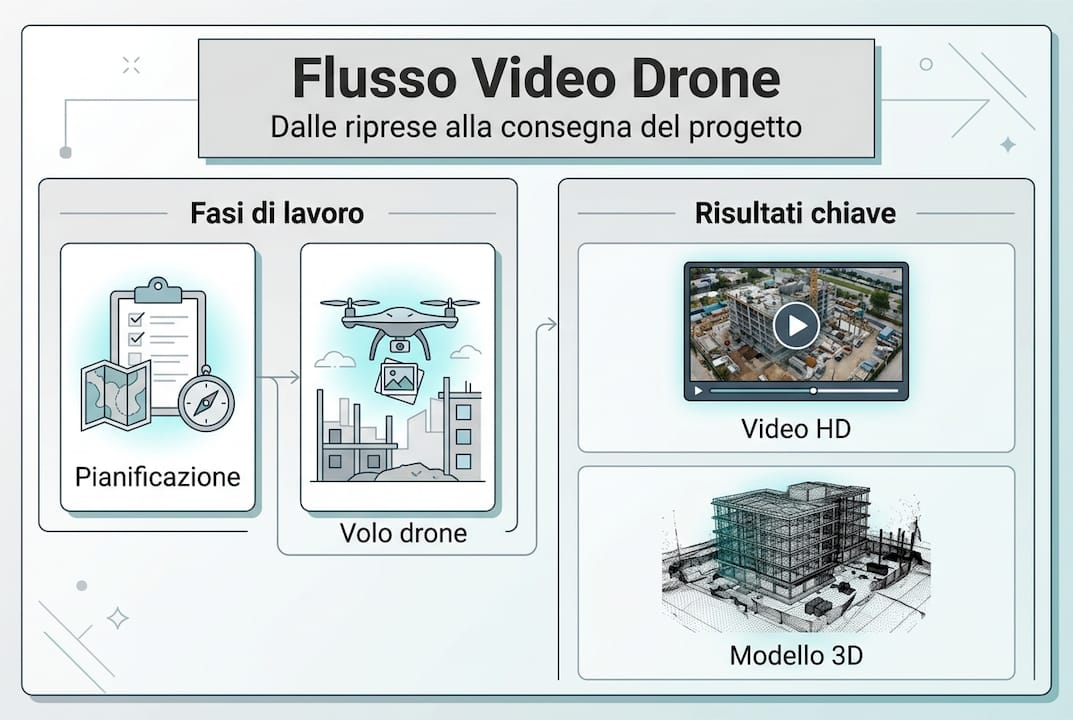 Schema illustrativo del processo di gestione dei video drone applicato al settore edilizio