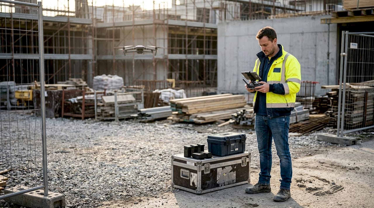 Tecnico al lavoro con un drone nei pressi di un cantiere