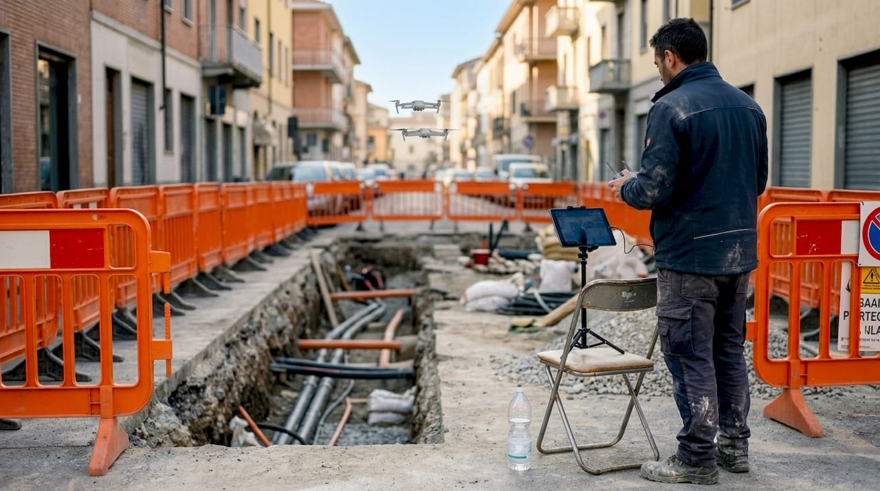 Un tecnico specializzato sta guidando un drone per monitorare l’andamento dei lavori in un cantiere edile.